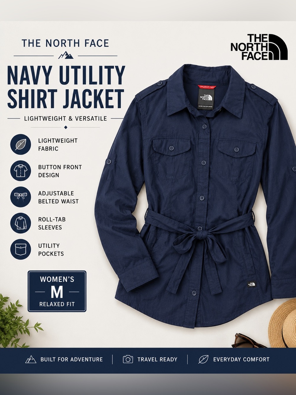 North Face Navy Utility Button Front Shirt Jacket Women’s M Lightweight Belted